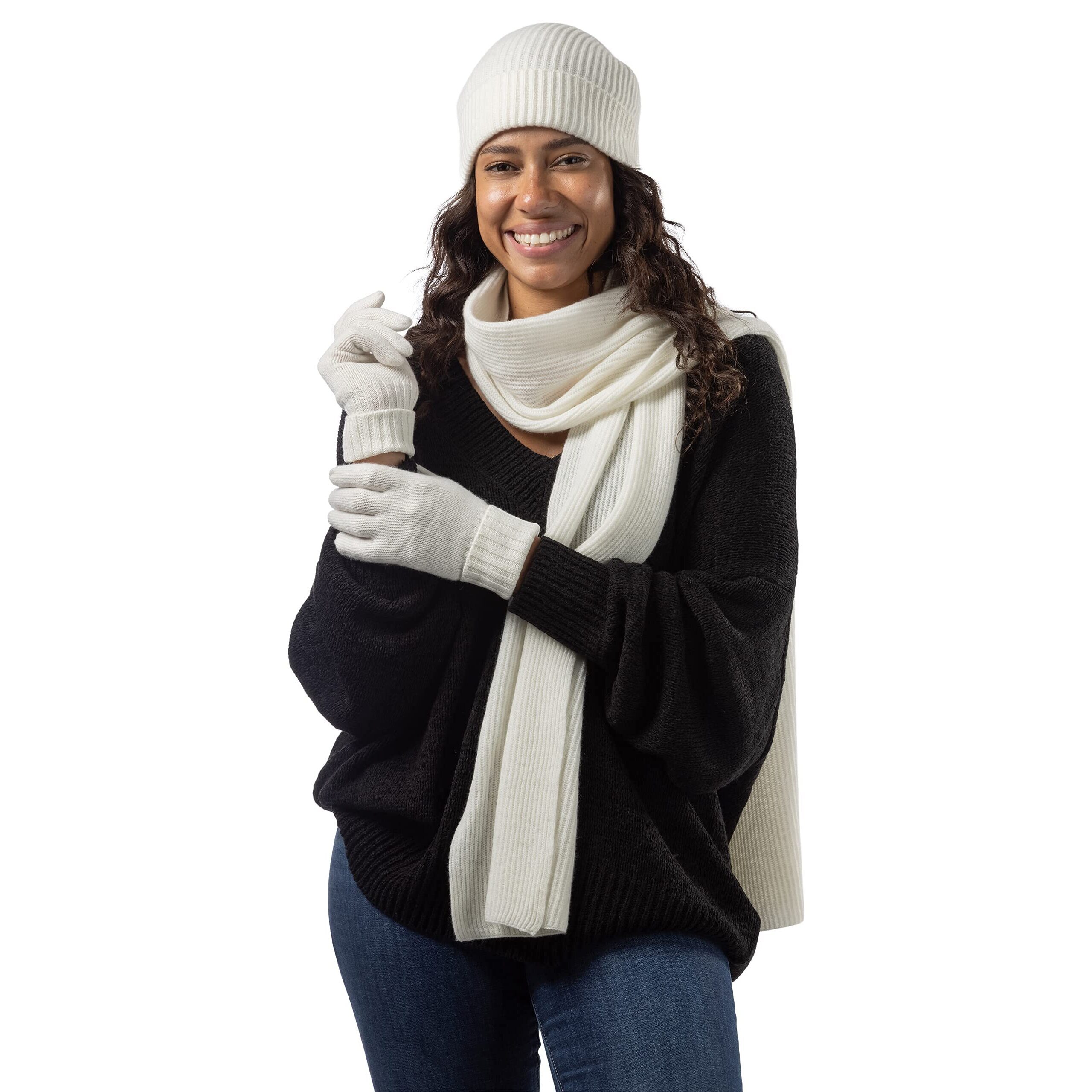 Women's 3pc Cashmere Ribbed Hat Gloves Scarf Set Gift Box (Cream) 8343
